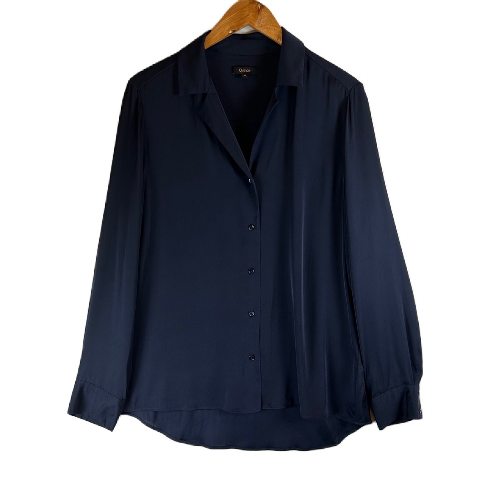 Quince Washable Stretch Silk Notch Collar Blouse Navy Blue XL